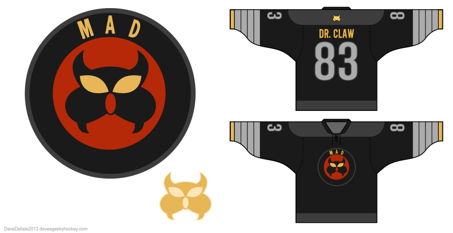 MAD Dr Claw hockey jersey design by Dave Delisle davesgeekyhockey